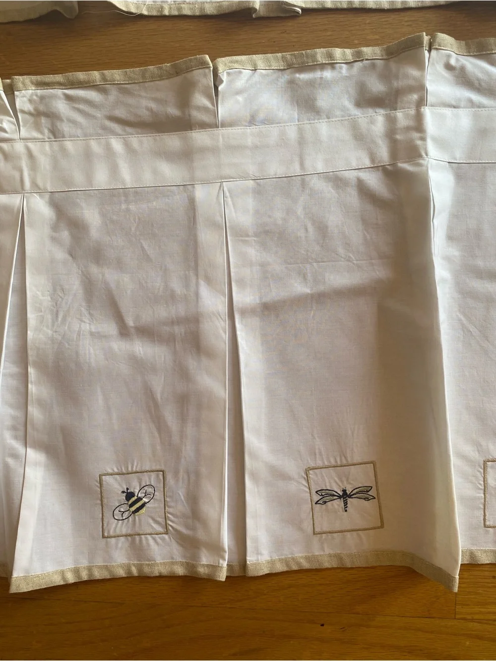 2 Hand Embroidered Cotton Valances Ladybug Bee Dragonfly Farmhouse Cottage